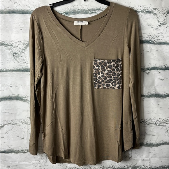 Tops - Zenana Long Sleeve V Neck Top with Leopard Pocket in Khaki - NIP